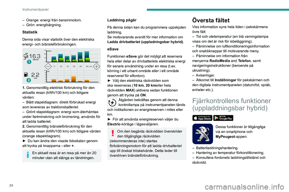 PEUGEOT 5008 2021  Bruksanvisningar (in Swedish) 24
Instrumentpanel
– Orange: energi från bensinmotorn.
–  Grön: energibärgning.
Statistik
Denna sida visar statistik över den elektriska 
energi- och bränsleförbrukningen.
 
 
1. Genomsnittl