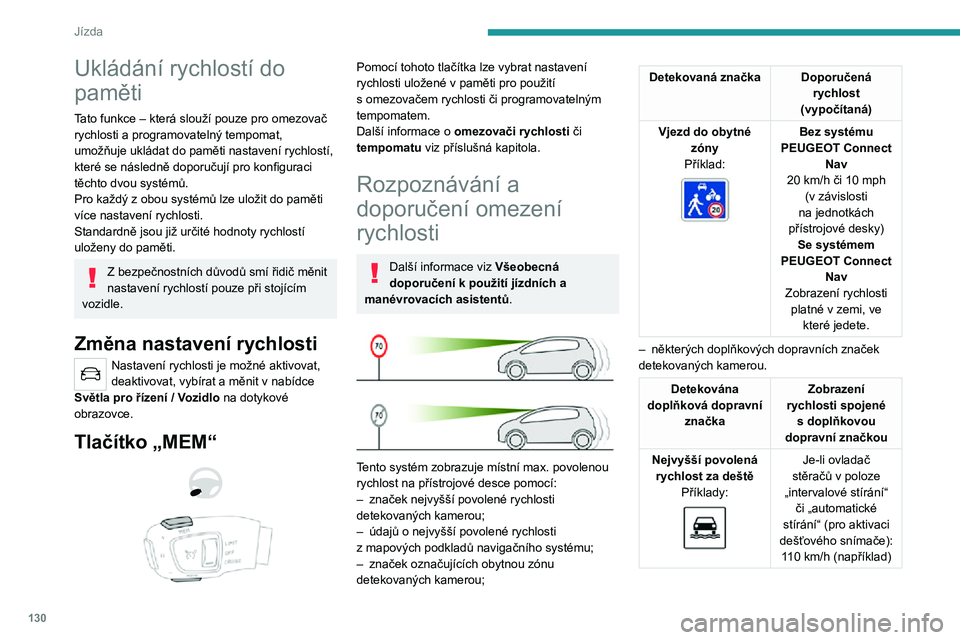 PEUGEOT 5008 2021 Návod na použití (in Czech) 130
Jízda
Ukládání rychlostí do
paměti
Tato funkce – která slouží pouze pro omezovač
rychlosti a programovatelný tempomat,
umožňuje ukládat do paměti nastavení rychlostí,
které PEUGEOT 5008 2021 Návod na použití (in Czech) 130
Jízda
Ukládání rychlostí do
paměti
Tato funkce – která slouží pouze pro omezovač
rychlosti a programovatelný tempomat,
umožňuje ukládat do paměti nastavení rychlostí,
které