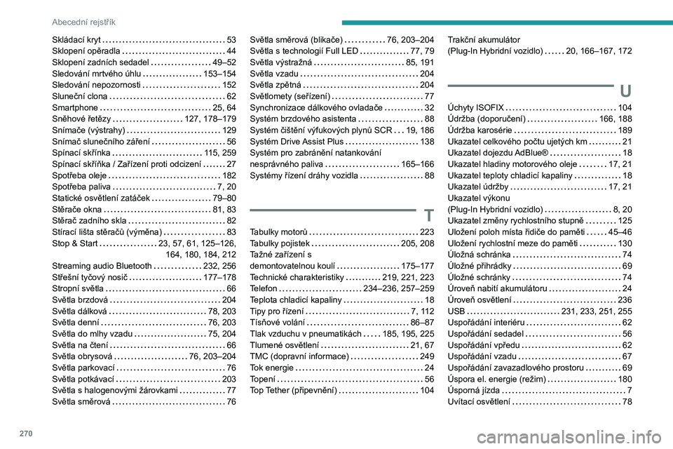 PEUGEOT 5008 2021  Návod na použití (in Czech) 270
Abecední rejstřík
Skládací kryt   53Sklopení opěradla   44Sklopení zadních sedadel   49–52Sledování mrtvého úhlu   153–154Sledování nepozornosti   152Sluneční clona   62Smartp