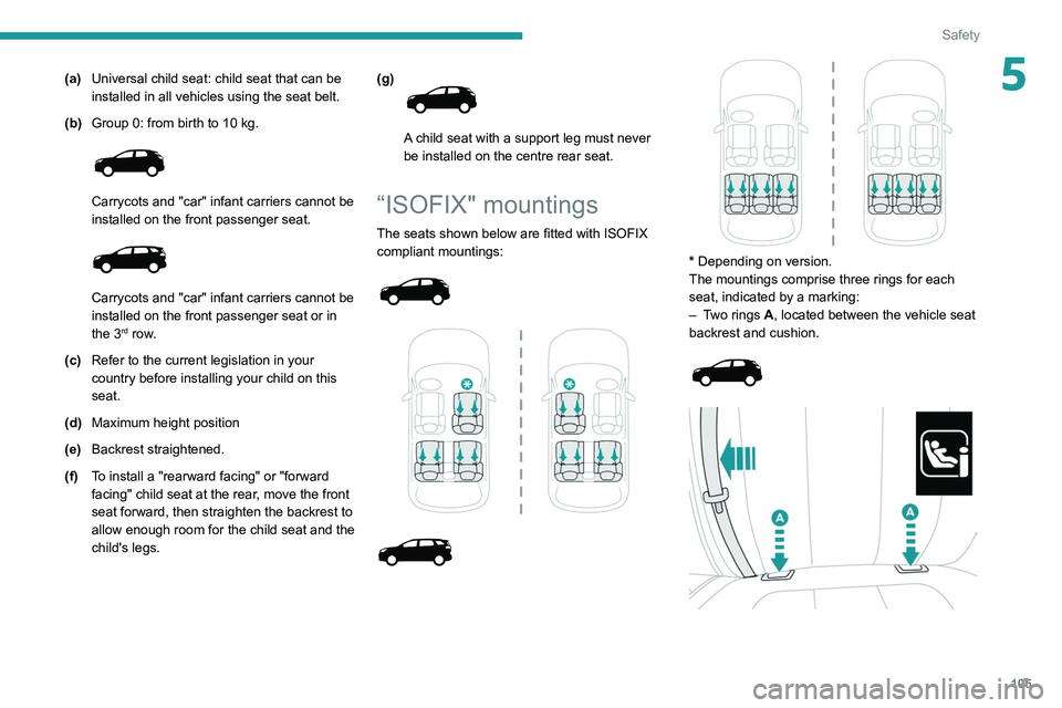 PEUGEOT 5008 2020 Owners Manual 105
Safety
5(a)Universal child seat: child seat that can be
installed in all vehicles using the seat belt.
(b) Group 0: from birth to 10
kg.
Carrycots and "car" infant carriers cannot b PEUGEOT 5008 2020 Owners Manual 105
Safety
5(a)Universal child seat: child seat that can be
installed in all vehicles using the seat belt.
(b) Group 0: from birth to 10
kg.
Carrycots and "car" infant carriers cannot b