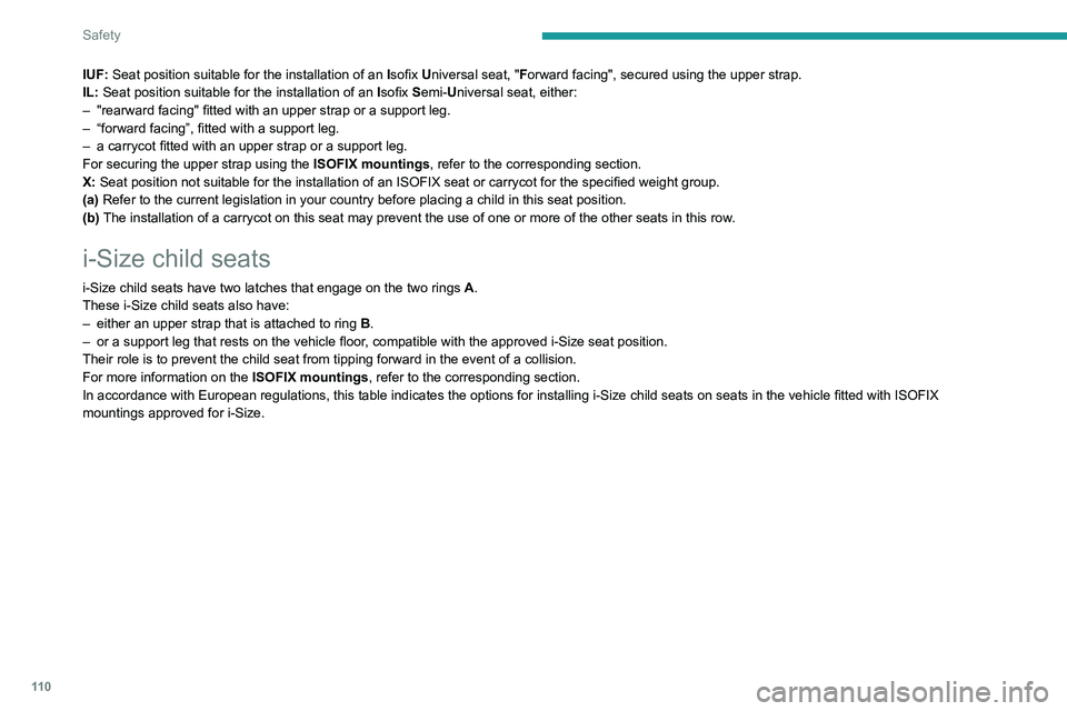 PEUGEOT 5008 2020 Owners Manual 11 0
Safety
IUF: Seat position suitable for the installation of an Isofix Universal seat, "Forward facing", secured using the upper strap.
IL: Seat position suitable for the installation of PEUGEOT 5008 2020 Owners Manual 11 0
Safety
IUF: Seat position suitable for the installation of an Isofix Universal seat, "Forward facing", secured using the upper strap.
IL: Seat position suitable for the installation of