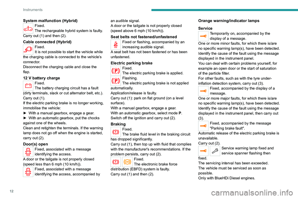 PEUGEOT 5008 2020  Owners Manual 12
Instruments
System malfunction (Hybrid)Fixed.
The rechargeable hybrid system is faulty.
Carry out (1) and then (2).
Cable connected (Hybrid)Fixed.
It is not possible to start the vehicle while 
the