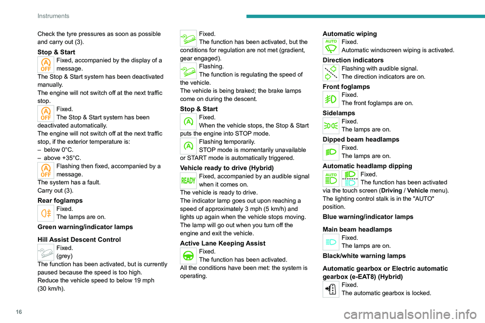 PEUGEOT 5008 2020  Owners Manual 16
Instruments
Check the tyre pressures as soon as possible 
and carry out (3).
Stop & StartFixed, accompanied by the display of a 
message.
The Stop & Start system has been deactivated 
manually.
The