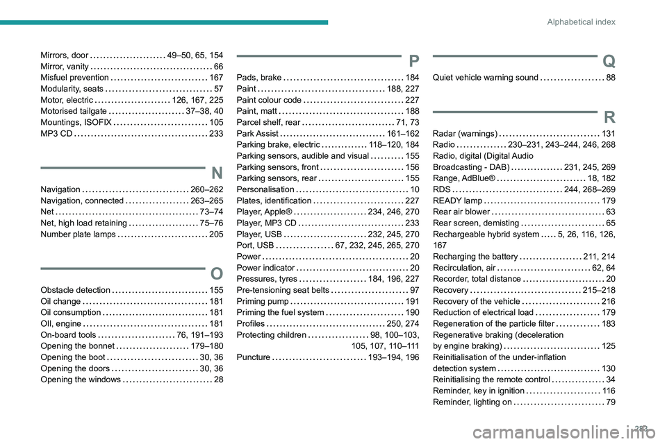 PEUGEOT 5008 2020  Owners Manual 283
Alphabetical index
Mirrors, door    49–50, 65, 154
Mirror, vanity     
66
Misfuel prevention
    
167
Modularity, seats
    
57
Motor, electric
    
126, 167, 225
Motorised tailgate
    
37–38
