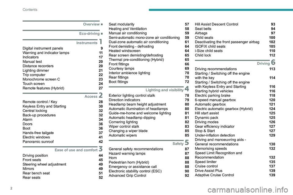 PEUGEOT 5008 2020  Owners Manual 2
Contents
 
 
 
 
 
 
 
   ■
Overview
  ■
Eco-driving
 1Instruments
Digital instrument panels  9
Warning and indicator lamps  11
Indicators  17
Manual test  20
Distance recorders  20
Lighting