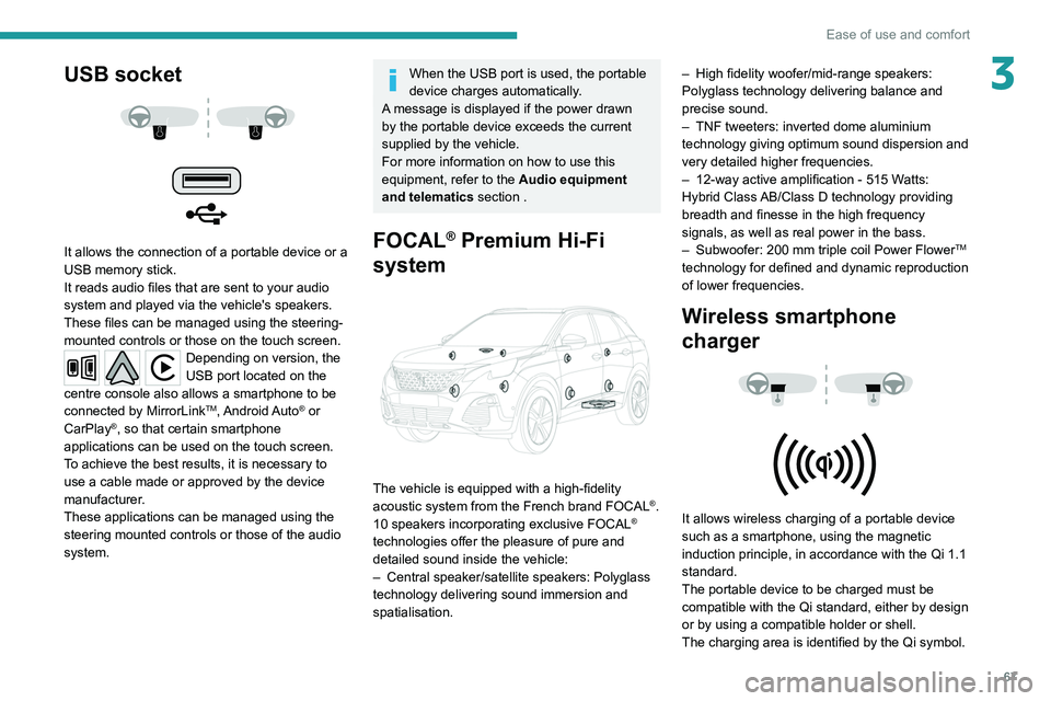 PEUGEOT 5008 2020 Repair Manual 67
Ease of use and comfort
3USB socket
It allows the connection of a portable device or a
USB memory stick.
It reads audio files that are sent to your audio
system and played via the vehicle& PEUGEOT 5008 2020 Repair Manual 67
Ease of use and comfort
3USB socket
It allows the connection of a portable device or a
USB memory stick.
It reads audio files that are sent to your audio
system and played via the vehicle&