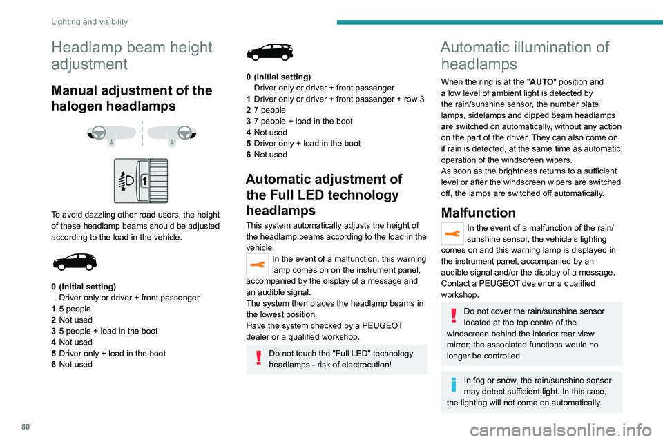 PEUGEOT 5008 2020  Owners Manual 80
Lighting and visibility
Headlamp beam height 
adjustment
Manual adjustment of the 
halogen headlamps
 
 
 
 
To avoid dazzling other road users, the height 
of these headlamp beams should be adjust