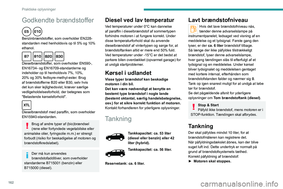 PEUGEOT 5008 2020  Brugsanvisning (in Danish) 162
Praktiske oplysninger
Godkendte brændstoffer  
Benzinbrændstoffer, som overholder EN228-
standarden med henholdsvis op til 5% og 10% 
ethanol.
  
Dieselbrændstoffer, som overholder EN590-, 
EN1