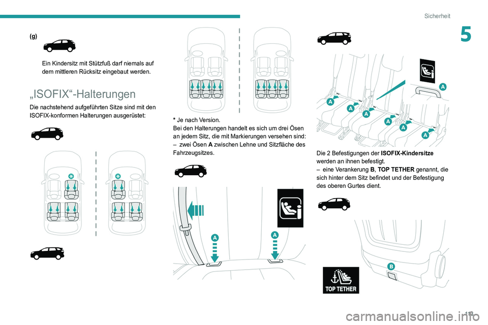 PEUGEOT 5008 2020 Betriebsanleitungen (in German) 11 3
Sicherheit
5(g)
Ein Kindersitz mit Stützfuß darf niemals auf
dem mittleren Rücksitz eingebaut werden.
„ISOFIX“-Halterungen
Die nachstehend aufgeführten Sitze sind mit den
ISOFIX-konf PEUGEOT 5008 2020 Betriebsanleitungen (in German) 11 3
Sicherheit
5(g)
Ein Kindersitz mit Stützfuß darf niemals auf
dem mittleren Rücksitz eingebaut werden.
„ISOFIX“-Halterungen
Die nachstehend aufgeführten Sitze sind mit den
ISOFIX-konf