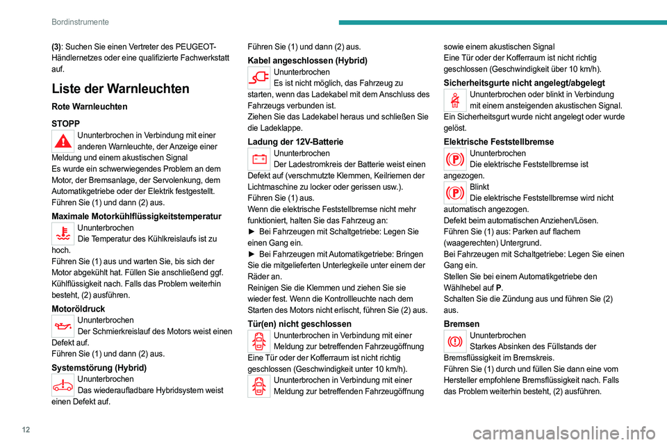PEUGEOT 5008 2020  Betriebsanleitungen (in German) 12
Bordinstrumente
(3): Suchen Sie einen Vertreter des PEUGEOT-
Händlernetzes oder eine qualifizierte Fachwerkstatt 
auf.
Liste der Warnleuchten
Rote Warnleuchten
STOPP
Ununterbrochen in Verbindung m