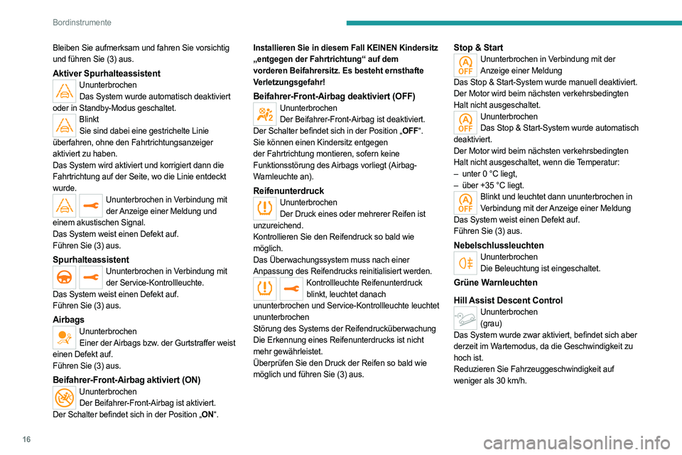 PEUGEOT 5008 2020  Betriebsanleitungen (in German) 16
Bordinstrumente
Bleiben Sie aufmerksam und fahren Sie vorsichtig 
und führen Sie (3) aus.
Aktiver Spurhalteassistent UnunterbrochenDas System wurde automatisch deaktiviert 
oder in Standby-Modus g