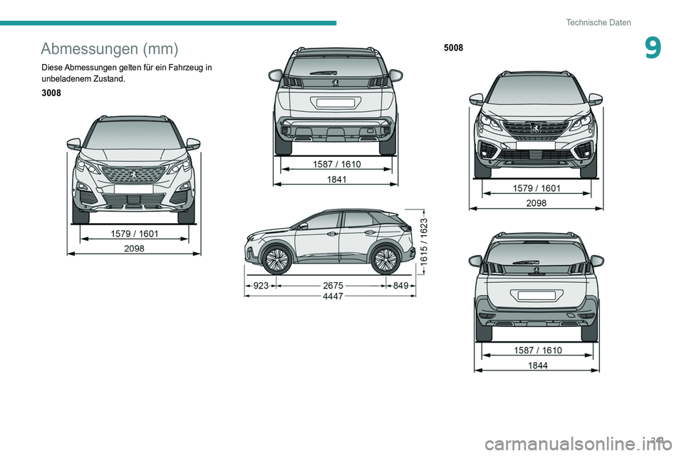 PEUGEOT 5008 2020 Betriebsanleitungen (in German) 243
Technische Daten
9Abmessungen (mm)
Diese Abmessungen gelten für ein Fahrzeug in
unbeladenem Zustand.
3008
5008
PEUGEOT 5008 2020 Betriebsanleitungen (in German) 243
Technische Daten
9Abmessungen (mm)
Diese Abmessungen gelten für ein Fahrzeug in
unbeladenem Zustand.
3008
5008