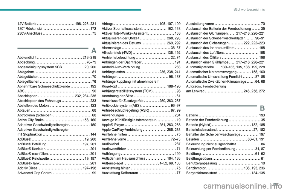 PEUGEOT 5008 2020 Betriebsanleitungen (in German) 297
Stichwortverzeichnis
12V-Batterie 198, 226–231
180°-Rückansicht
172
230V-Anschluss
75
A
Abblendlicht 218–219
Abdeckung
78–79
Abgasreinigungssystem SCR
20, 200
Ab PEUGEOT 5008 2020 Betriebsanleitungen (in German) 297
Stichwortverzeichnis
12V-Batterie 198, 226–231
180°-Rückansicht
172
230V-Anschluss
75
A
Abblendlicht 218–219
Abdeckung
78–79
Abgasreinigungssystem SCR
20, 200
Ab