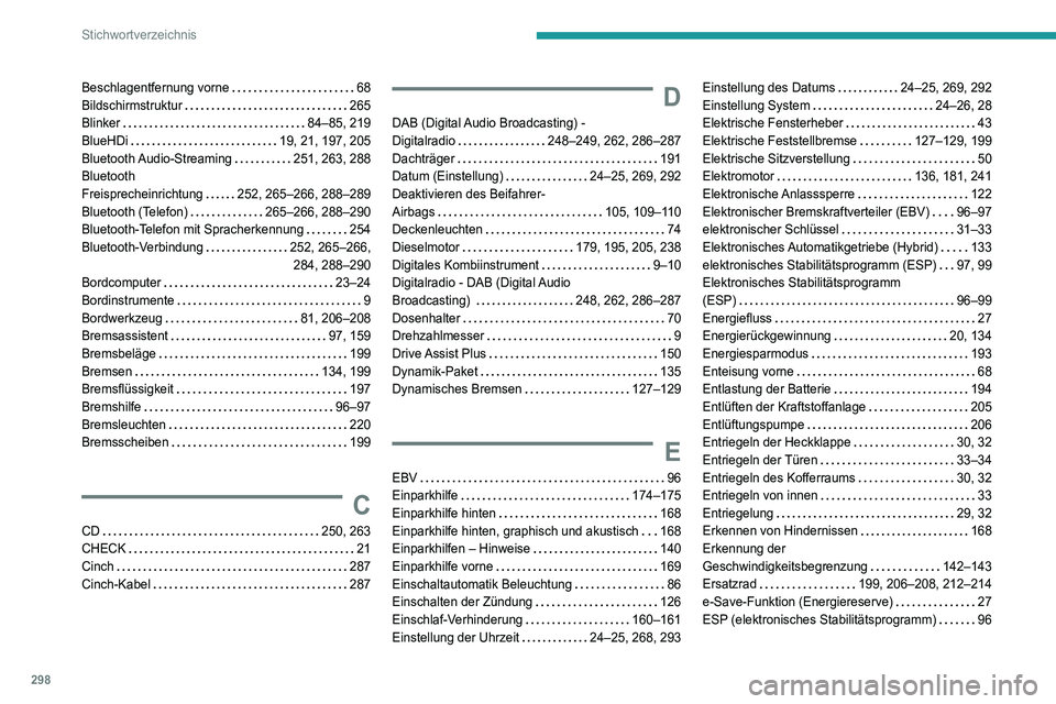 PEUGEOT 5008 2020  Betriebsanleitungen (in German) 298
Stichwortverzeichnis
Beschlagentfernung vorne     68
Bildschirmstruktur     
265
Blinker
    
84–85, 219
BlueHDi
    
19, 21, 197, 205
Bluetooth Audio-Streaming
    
251, 263, 288
Bluetooth  
Fr