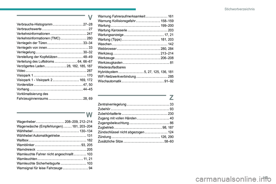 PEUGEOT 5008 2020 Betriebsanleitungen (in German) 303
Stichwortverzeichnis
V
Verbrauchs-Histogramm 27–28
Verbrauchswerte
27
Verkehrsinformationen
247
Verkehrsinformationen (TMC)
280
Verriegeln der Türen
33–34
Verriegeln v PEUGEOT 5008 2020 Betriebsanleitungen (in German) 303
Stichwortverzeichnis
V
Verbrauchs-Histogramm 27–28
Verbrauchswerte
27
Verkehrsinformationen
247
Verkehrsinformationen (TMC)
280
Verriegeln der Türen
33–34
Verriegeln v