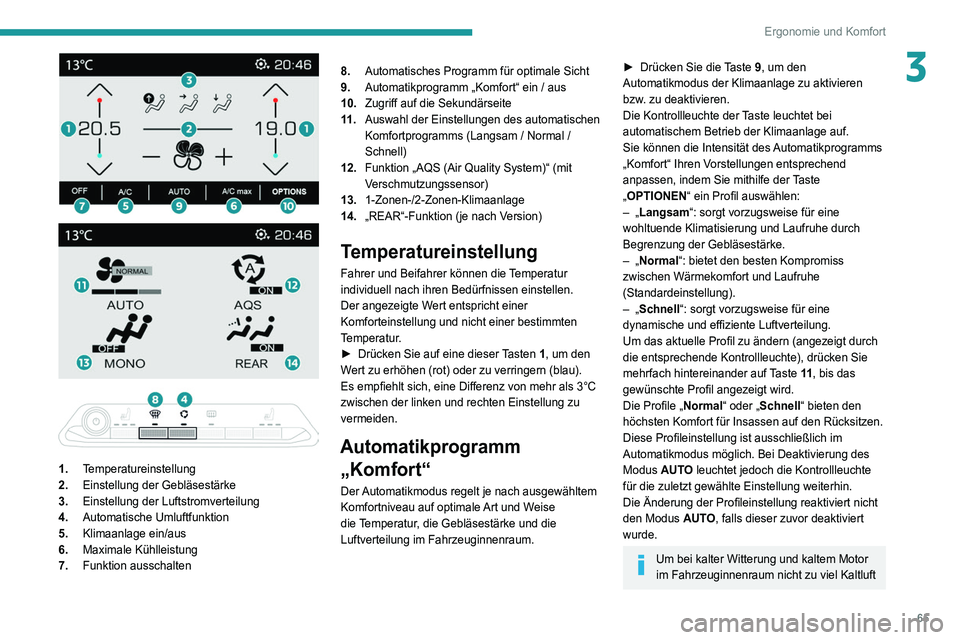 PEUGEOT 5008 2020  Betriebsanleitungen (in German) 65
Ergonomie und Komfort
3
 
 
 
 
 
1. Temperatureinstellung
2. Einstellung der Gebläsestärke
3. Einstellung der Luftstromverteilung
4. Automatische Umluftfunktion
5. Klimaanlage ein/aus
6. Maximal
