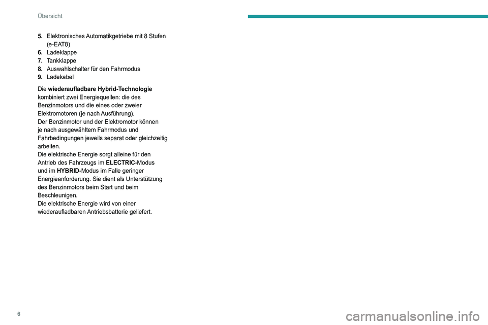 PEUGEOT 5008 2020 Betriebsanleitungen (in German) 6
Übersicht
5.Elektronisches Automatikgetriebe mit 8 Stufen
(e-EAT8)
6. Ladeklappe
7. Tankklappe
8. Auswahlschalter für den Fahrmodus
9. Ladekabel
Die wiederaufladbare Hybrid-Technologie
kombinie PEUGEOT 5008 2020 Betriebsanleitungen (in German) 6
Übersicht
5.Elektronisches Automatikgetriebe mit 8 Stufen
(e-EAT8)
6. Ladeklappe
7. Tankklappe
8. Auswahlschalter für den Fahrmodus
9. Ladekabel
Die wiederaufladbare Hybrid-Technologie
kombinie