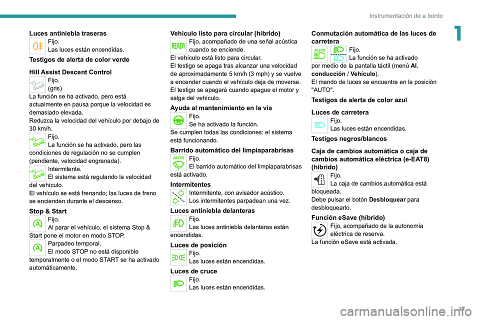 PEUGEOT 5008 2020  Manual del propietario (in Spanish) 17
Instrumentación de a bordo
1Luces antiniebla traserasFijo.
Las luces están encendidas.
Testigos de alerta de color verde
Hill Assist Descent Control
Fijo.
(gris)
La función se ha activado, pero 
