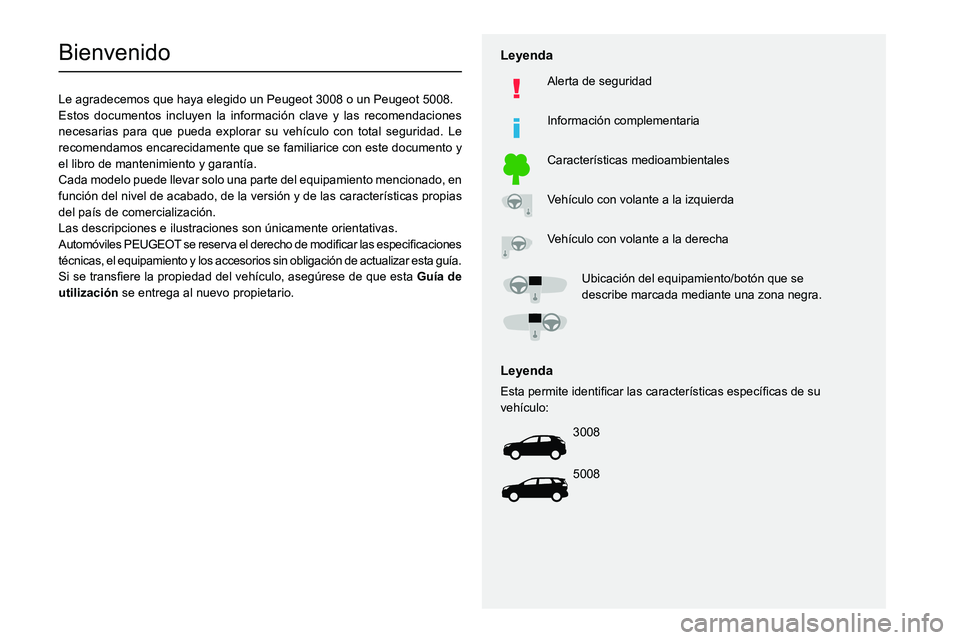 PEUGEOT 5008 2020 Manual del propietario (in Spanish)
Bienvenido
Le agradecemos que haya elegido un Peugeot 3008 o un Peugeot 5008.
Estos documentos incluyen la información clave y las recomendacione PEUGEOT 5008 2020 Manual del propietario (in Spanish)
Bienvenido
Le agradecemos que haya elegido un Peugeot 3008 o un Peugeot 5008.
Estos documentos incluyen la información clave y las recomendacione