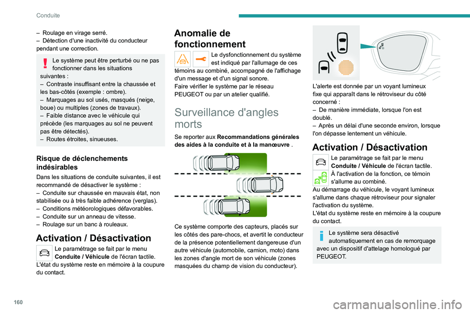 PEUGEOT 5008 2020 Manuel du propriétaire (in French) 160
Conduite
– Roulage en virage serré.
– Détection d'une inactivité du conducteur
pendant une correction.
Le système peut être perturbé ou ne pas
fonctionner dans les situations
sui PEUGEOT 5008 2020 Manuel du propriétaire (in French) 160
Conduite
– Roulage en virage serré.
– Détection d'une inactivité du conducteur
pendant une correction.
Le système peut être perturbé ou ne pas
fonctionner dans les situations
sui