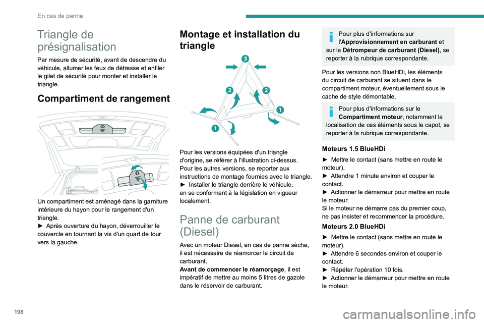 PEUGEOT 5008 2020  Manuel du propriétaire (in French) 198
En cas de panne
Triangle de présignalisation
Par mesure de sécurité, avant de descendre du 
véhicule, allumer les feux de détresse et enfiler 
le gilet de sécurité pour monter et installer 