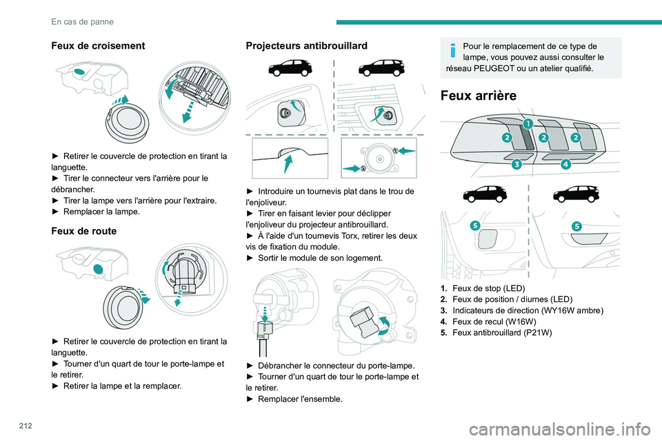PEUGEOT 5008 2020 Manuel du propriétaire (in French) 212
En cas de panne
Feux de croisement
► Retirer le couvercle de protection en tirant la
languette.
►
T
irer le connecteur vers l'arrière pour le
débrancher.
►
T
irer la lampe v PEUGEOT 5008 2020 Manuel du propriétaire (in French) 212
En cas de panne
Feux de croisement
► Retirer le couvercle de protection en tirant la
languette.
►
T
irer le connecteur vers l'arrière pour le
débrancher.
►
T
irer la lampe v