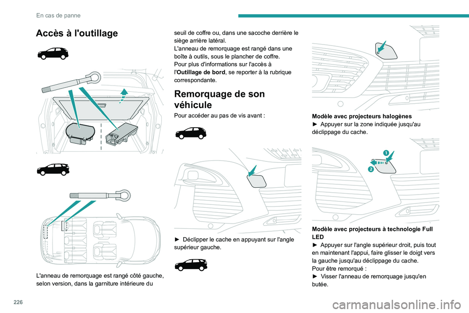 PEUGEOT 5008 2020  Manuel du propriétaire (in French) 226
En cas de panne
Accès à l'outillage 
 
 
 
 
 
 
 
L'anneau de remorquage est rangé côté gauche, 
selon version, dans la garniture intérieure du  seuil de coffre ou, dans une sacoche