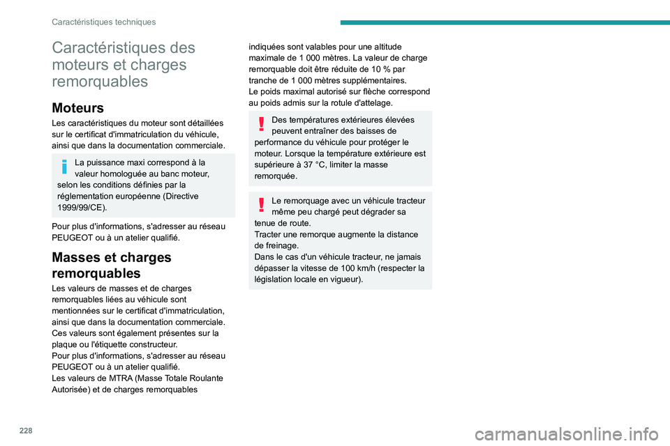 PEUGEOT 5008 2020  Manuel du propriétaire (in French) 228
Caractéristiques techniques
Caractéristiques des 
moteurs et charges 
remorquables
Moteurs
Les caractéristiques du moteur sont détaillées 
sur le certificat d'immatriculation du véhicule