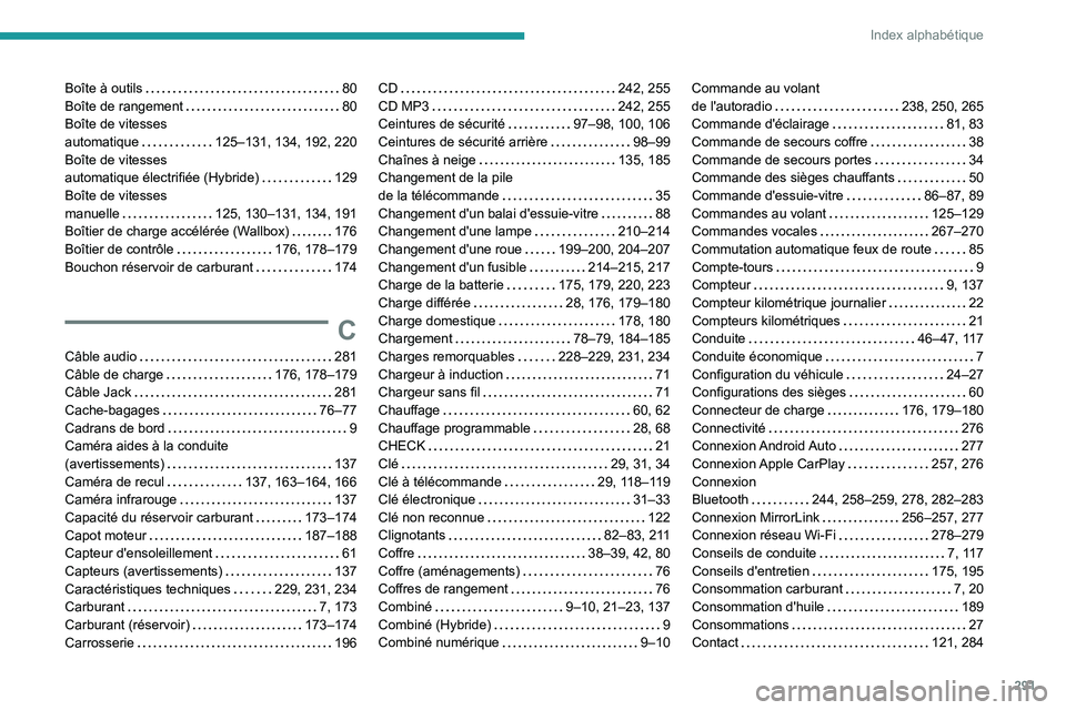 PEUGEOT 5008 2020  Manuel du propriétaire (in French) 291
Index alphabétique
Boîte à outils    80
Boîte de rangement     
80
Boîte de vitesses  
automatique
    
125–131, 134, 192, 220
Boîte de vitesses  
automatique électrifiée (Hybride)
    
