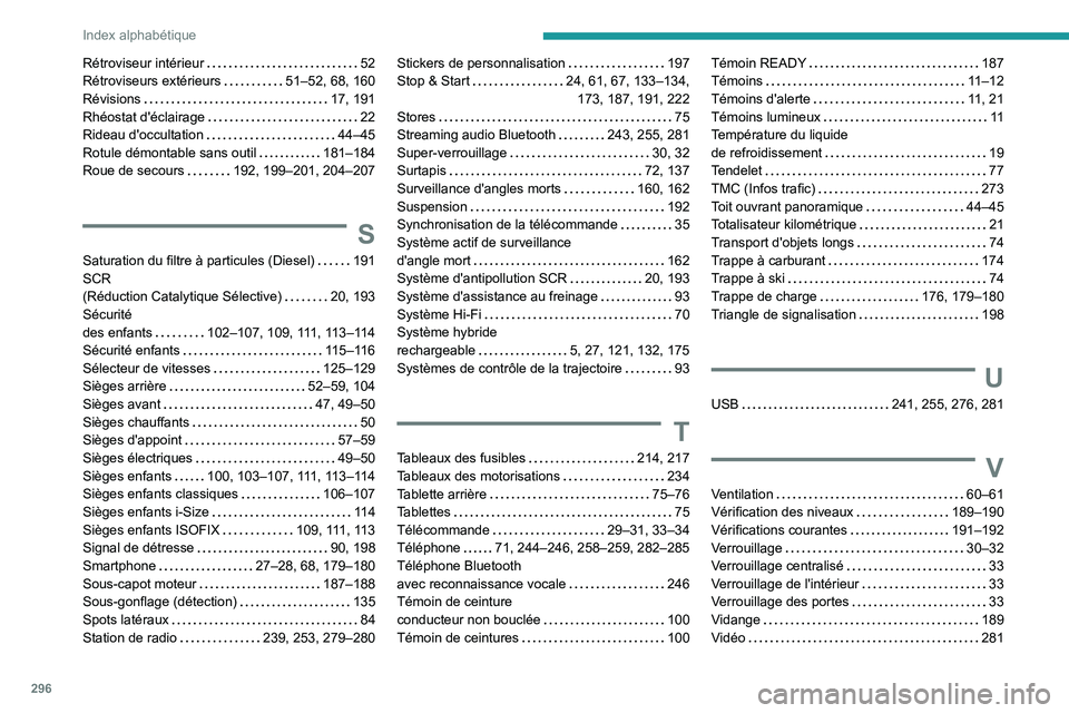 PEUGEOT 5008 2020  Manuel du propriétaire (in French) 296
Index alphabétique
Rétroviseur intérieur     52
Rétroviseurs extérieurs     
51–52, 68, 160
Révisions
    
17, 191
Rhéostat d'éclairage
    
22
Rideau d'occultation
    
44–45
