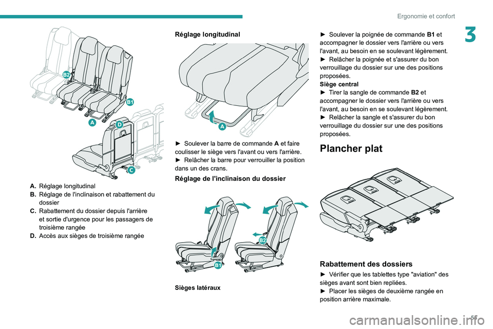 PEUGEOT 5008 2020 Manuel du propriétaire (in French) 55
Ergonomie et confort
3
A.Réglage longitudinal
B. Réglage de l'inclinaison et rabattement du
dossier
C. Rabattement du dossier depuis l'arrière
et sortie d'urgence pour les passag PEUGEOT 5008 2020 Manuel du propriétaire (in French) 55
Ergonomie et confort
3
A.Réglage longitudinal
B. Réglage de l'inclinaison et rabattement du
dossier
C. Rabattement du dossier depuis l'arrière
et sortie d'urgence pour les passag