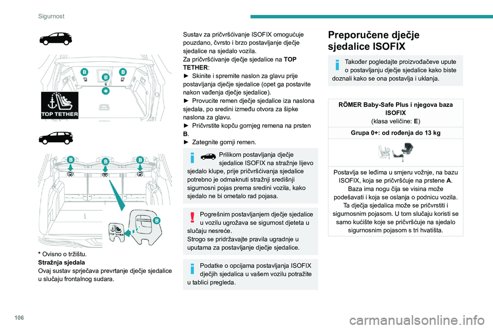 PEUGEOT 5008 2020  Upute Za Rukovanje (in Croatian) 106
Sigurnost
„RÖMER Duo Plus ISOFIX”
(klasa veličine:  B1)
Grupa 1: od 9 do 18 kg
 
 
Mjesta za postavljanje dječjih sjedalica ISOFIX
U skladu s europskim propisima, u ovoj tablici prikazane s
