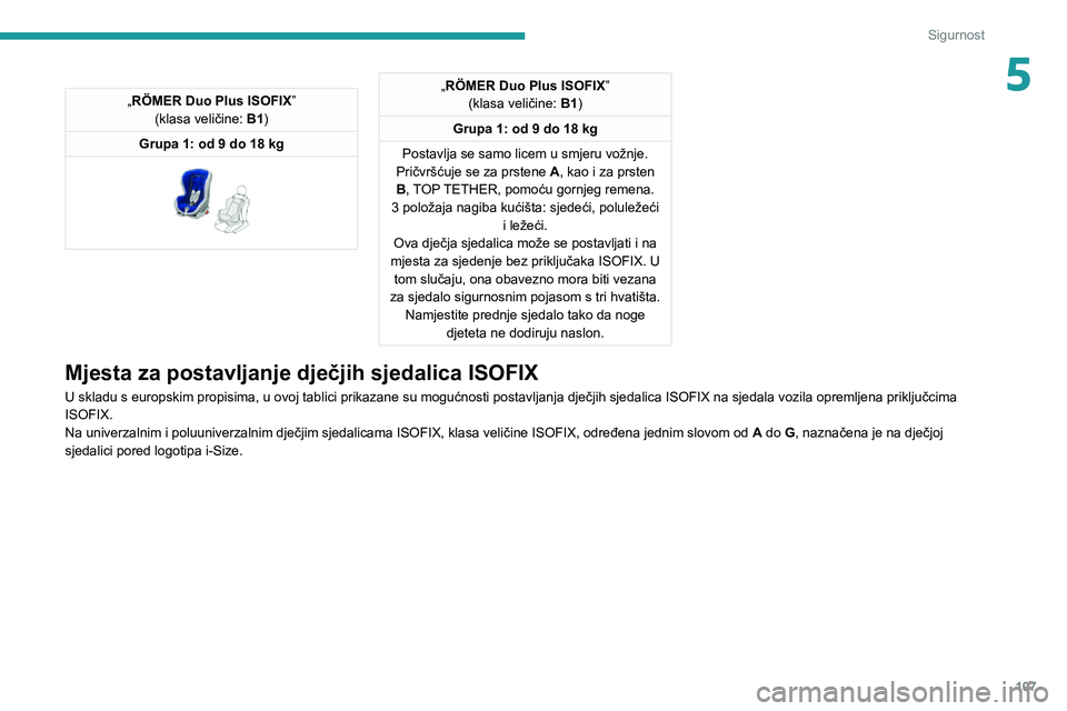 PEUGEOT 5008 2020  Upute Za Rukovanje (in Croatian) 107
Sigurnost
5„RÖMER Duo Plus ISOFIX”
(klasa veličine:  B1)
Grupa 1: od 9 do 18 kg
 
 
„RÖMER Duo Plus ISOFIX ”
(klasa veličine:  B1)
Grupa 1: od 9 do 18 kg
Postavlja se samo licem u smje