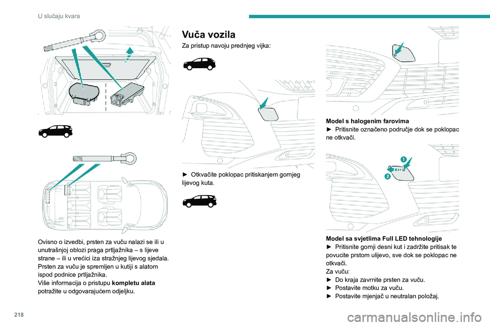 PEUGEOT 5008 2020 Upute Za Rukovanje (in Croatian) 218
U slučaju kvara
Ovisno o izvedbi, prsten za vuču nalazi se ili u
unutrašnjoj oblozi praga prtljažnika – s lijeve
strane – ili u vrećici iza stražnjeg lijevog sjedala.
Prsten z PEUGEOT 5008 2020 Upute Za Rukovanje (in Croatian) 218
U slučaju kvara
Ovisno o izvedbi, prsten za vuču nalazi se ili u
unutrašnjoj oblozi praga prtljažnika – s lijeve
strane – ili u vrećici iza stražnjeg lijevog sjedala.
Prsten z