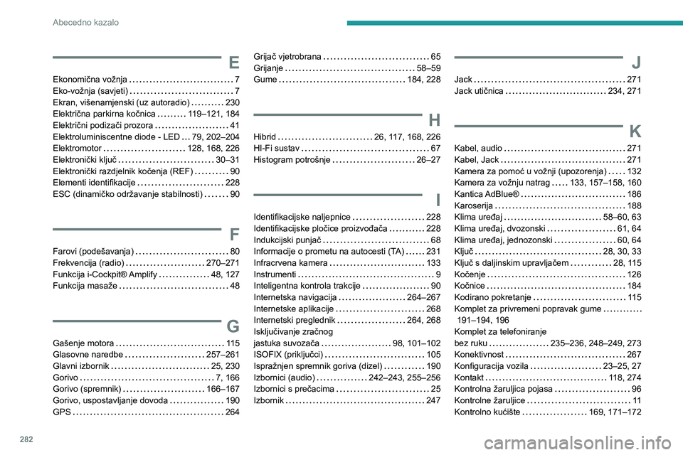 PEUGEOT 5008 2020 Upute Za Rukovanje (in Croatian) 282
Abecedno kazalo
E
Ekonomična vožnja 7Eko-vožnja (savjeti) 7Ekran, višenamjenski (uz autoradio) 230Električna parkirna kočnica 119–121, 184Električni podizači prozora 41Elektrol PEUGEOT 5008 2020 Upute Za Rukovanje (in Croatian) 282
Abecedno kazalo
E
Ekonomična vožnja 7Eko-vožnja (savjeti) 7Ekran, višenamjenski (uz autoradio) 230Električna parkirna kočnica 119–121, 184Električni podizači prozora 41Elektrol