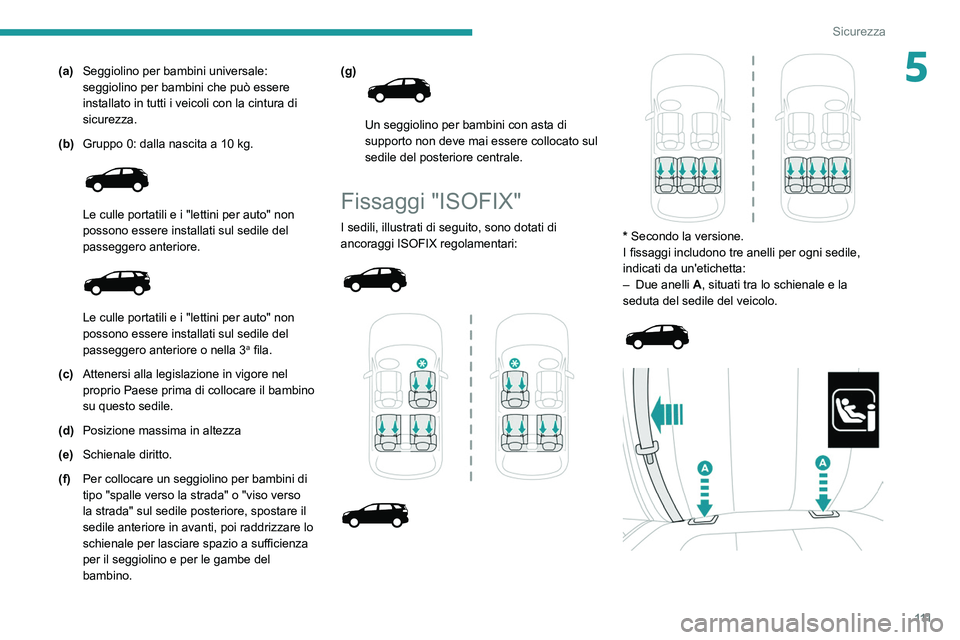 PEUGEOT 5008 2020 Manuale duso (in Italian) 111
Sicurezza
5(a)Seggiolino per bambini universale:
seggiolino per bambini che può essere
installato in tutti i veicoli con la cintura di
sicurezza.
(b) Gruppo 0: dalla nascita a 10
kg.
Le PEUGEOT 5008 2020 Manuale duso (in Italian) 111
Sicurezza
5(a)Seggiolino per bambini universale:
seggiolino per bambini che può essere
installato in tutti i veicoli con la cintura di
sicurezza.
(b) Gruppo 0: dalla nascita a 10
kg.
Le