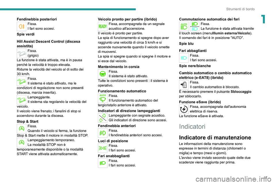 PEUGEOT 5008 2020  Manuale duso (in Italian) 17
Strumenti di bordo
1Fendinebbia posterioriFissa.
I fari sono accesi.
Spie verdi
Hill Assist Descent Control (discesa 
assistita)
Fissa.
(grigio)
La funzione è stata attivata, ma è in pausa 
perch