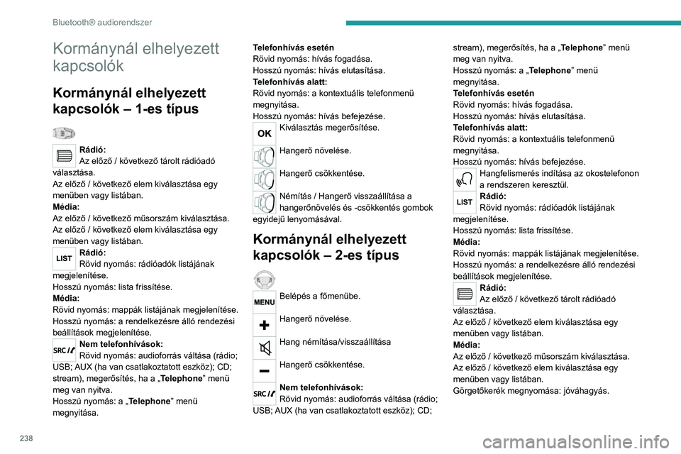 PEUGEOT 5008 2020 Kezelési útmutató (in Hungarian) 238
Bluetooth® audiorendszer
Menük
Változattól függően."Multimedia": Media parameters, Radio
parameters.
"Telefon": Call, Directory management,
Telephone management, Hang up.
& PEUGEOT 5008 2020 Kezelési útmutató (in Hungarian) 238
Bluetooth® audiorendszer
Menük
Változattól függően."Multimedia": Media parameters, Radio
parameters.
"Telefon": Call, Directory management,
Telephone management, Hang up.
&