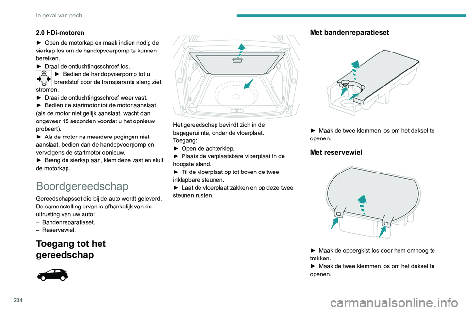PEUGEOT 5008 2020 Instructieboekje (in Dutch) 204
In geval van pech
Toegang tot het
gereedschap
Een deel van het gereedschap is onder de
vloerplaat van de bagageruimte, tegen de
dorpel, opgeborgen.
De linkerbak bevat de wielsleutel en PEUGEOT 5008 2020 Instructieboekje (in Dutch) 204
In geval van pech
Toegang tot het
gereedschap
Een deel van het gereedschap is onder de
vloerplaat van de bagageruimte, tegen de
dorpel, opgeborgen.
De linkerbak bevat de wielsleutel en