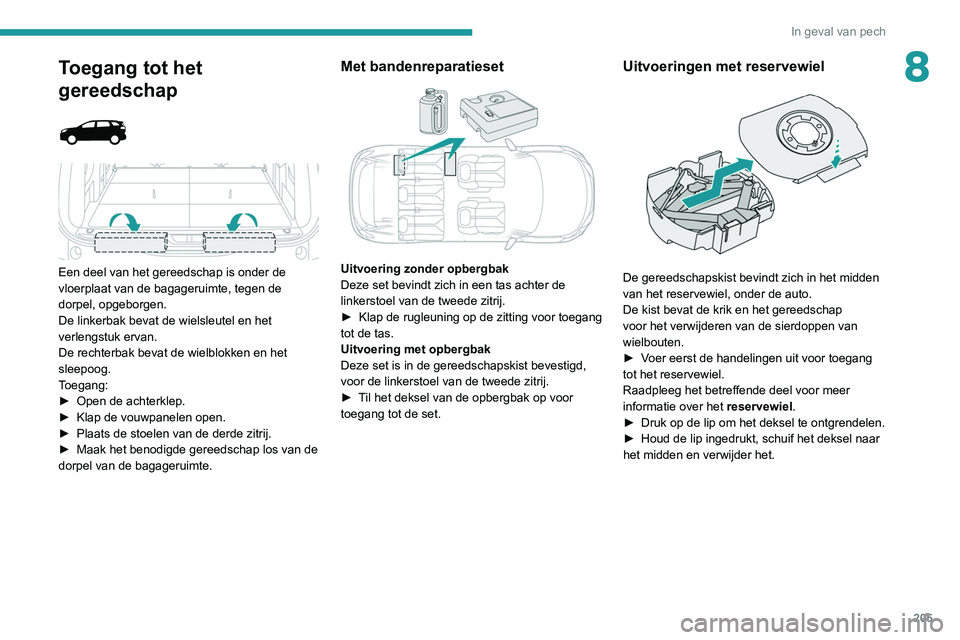 PEUGEOT 5008 2020 Instructieboekje (in Dutch) 205
In geval van pech
8Toegang tot het
gereedschap
Een deel van het gereedschap is onder de
vloerplaat van de bagageruimte, tegen de
dorpel, opgeborgen.
De linkerbak bevat de wielsleutel en PEUGEOT 5008 2020 Instructieboekje (in Dutch) 205
In geval van pech
8Toegang tot het
gereedschap
Een deel van het gereedschap is onder de
vloerplaat van de bagageruimte, tegen de
dorpel, opgeborgen.
De linkerbak bevat de wielsleutel en