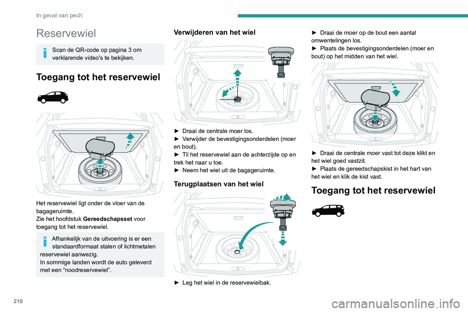 PEUGEOT 5008 2020  Instructieboekje (in Dutch) 210
In geval van pech
 
Het reservewiel wordt met een lier tegen de 
bodem van de bagageruimte vastgeklemd.
Alleen een noodreservewiel kan met de lier onder de auto worden bevestigd.
Verwijderen van h