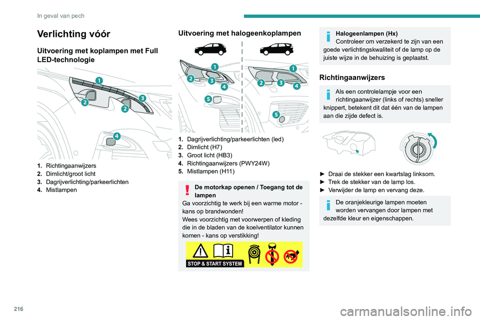 PEUGEOT 5008 2020  Instructieboekje (in Dutch) 216
In geval van pech
Dimlicht 
 
► Trek aan de borglip om de beschermkap te 
verwijderen.
►  Trek de stekker naar achteren om deze los 
te maken.
►  Trek de lamp naar achteren om deze te 
verwi