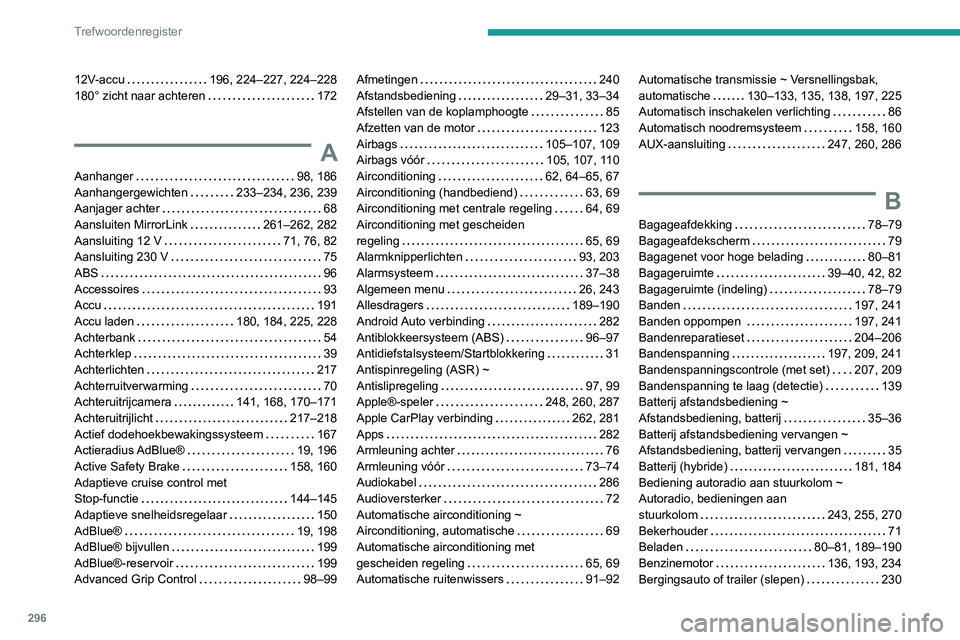 PEUGEOT 5008 2020 Instructieboekje (in Dutch) 296
Trefwoordenregister
12V-accu 196, 224–227, 224–228
180° zicht naar achteren
172
A
Aanhanger 98, 186
Aanhangergewichten
233–234, 236, 239
Aanjager achter
68
Aansluiten PEUGEOT 5008 2020 Instructieboekje (in Dutch) 296
Trefwoordenregister
12V-accu 196, 224–227, 224–228
180° zicht naar achteren
172
A
Aanhanger 98, 186
Aanhangergewichten
233–234, 236, 239
Aanjager achter
68
Aansluiten