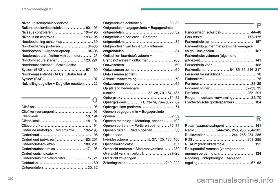PEUGEOT 5008 2020 Instructieboekje (in Dutch) 300
Trefwoordenregister
Niveau ruitensproeiervloeistof ~
Ruitensproeiervloeistofniveau
90, 195
Niveaus controleren
194–195
Niveaus en controles
193–195
Noodbediening achterklep
PEUGEOT 5008 2020 Instructieboekje (in Dutch) 300
Trefwoordenregister
Niveau ruitensproeiervloeistof ~
Ruitensproeiervloeistofniveau
90, 195
Niveaus controleren
194–195
Niveaus en controles
193–195
Noodbediening achterklep