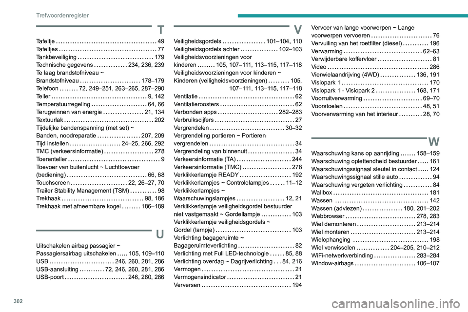 PEUGEOT 5008 2020 Instructieboekje (in Dutch) 302
Trefwoordenregister
T
Tafeltje 49
Tafeltjes
77
Tankbeveiliging
179
Technische gegevens
234, 236, 239
Te laag brandstofniveau ~
Brandstofniveau
178–179
Telefoon
72, PEUGEOT 5008 2020 Instructieboekje (in Dutch) 302
Trefwoordenregister
T
Tafeltje 49
Tafeltjes
77
Tankbeveiliging
179
Technische gegevens
234, 236, 239
Te laag brandstofniveau ~
Brandstofniveau
178–179
Telefoon
72,