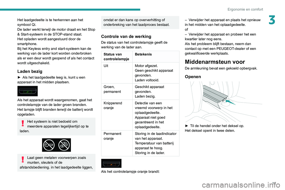 PEUGEOT 5008 2020 Instructieboekje (in Dutch) 73
Ergonomie en comfort
3Het laadgedeelte is te herkennen aan het
symbool Qi.
De lader werkt terwijl de motor draait en het Stop
& Start-systeem in de STOP-stand staat.
Het opladen wordt aangestuurd PEUGEOT 5008 2020 Instructieboekje (in Dutch) 73
Ergonomie en comfort
3Het laadgedeelte is te herkennen aan het
symbool Qi.
De lader werkt terwijl de motor draait en het Stop
& Start-systeem in de STOP-stand staat.
Het opladen wordt aangestuurd