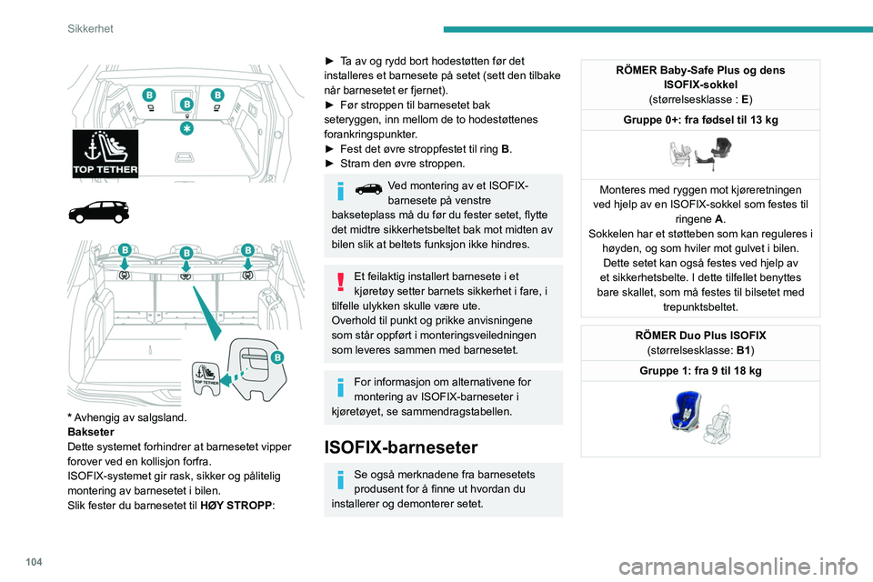PEUGEOT 5008 2020  Instruksjoner for bruk (in Norwegian) 104
Sikkerhet
Plassering av ISOFIX-barnesete
I henhold til det europeiske regelverket gir denne tabellen deg oversikt\
 over mulighetene for montering av ISOFIX-barneseter på seter utstyrt\
 med ISOF