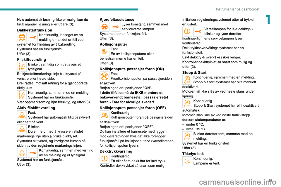 PEUGEOT 5008 2020  Instruksjoner for bruk (in Norwegian) 15
Instrumenter på dashbordet
1Hvis automatisk løsning ikke er mulig, kan du 
bruk manuell løsning eller utføre (3).
BakkestartfunksjonKontinuerlig, ledsaget av en 
melding om at det er feil ved 
