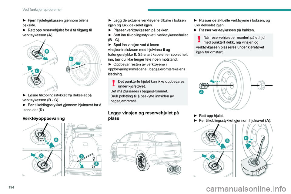 PEUGEOT 5008 2020  Instruksjoner for bruk (in Norwegian) 194
Ved funksjonsproblemer
► Fjern hjulet/girkassen gjennom bilens 
bakside.
►
 
Rett opp reservehjulet for å få tilgang til 
verktøykassen (

A).
 
 
► Løsne tilkoblingsstykket fra dekselet