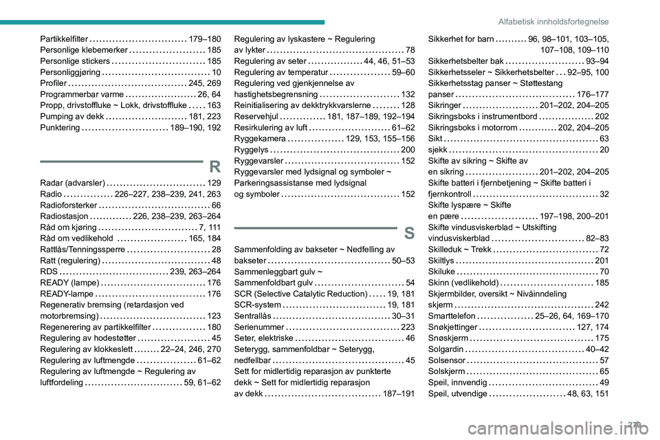 PEUGEOT 5008 2020  Instruksjoner for bruk (in Norwegian) 279
Alfabetisk innholdsfortegnelse
Partikkelfilter    179–180
Personlige klebemerker     
185
Personlige stickers
    
185
Personliggjøring
    
10
Profiler
    
245, 269
Programmerbar varme
    
2